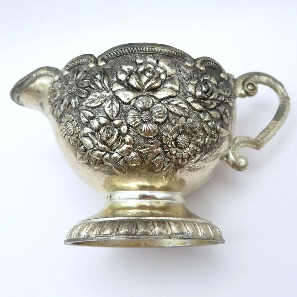 Vintage Cream Sugar Set w Tray, A Price Imports Japan Floral Silver Tone by APCO